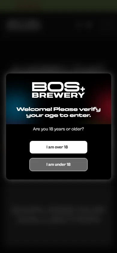 BOS Brewery homepage age-verification prompt at a mobile viewport