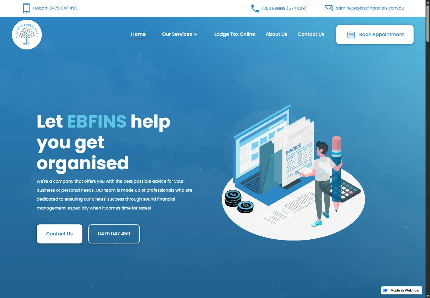 EBFINS homepage at a desktop viewport