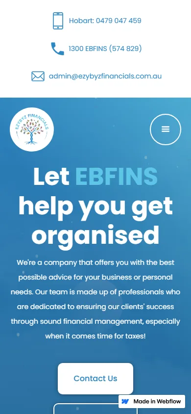 EBFINS homepage at a mobile viewport