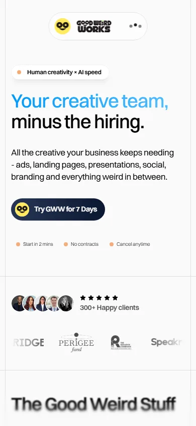 Good Weird Works homepage at a mobile viewport