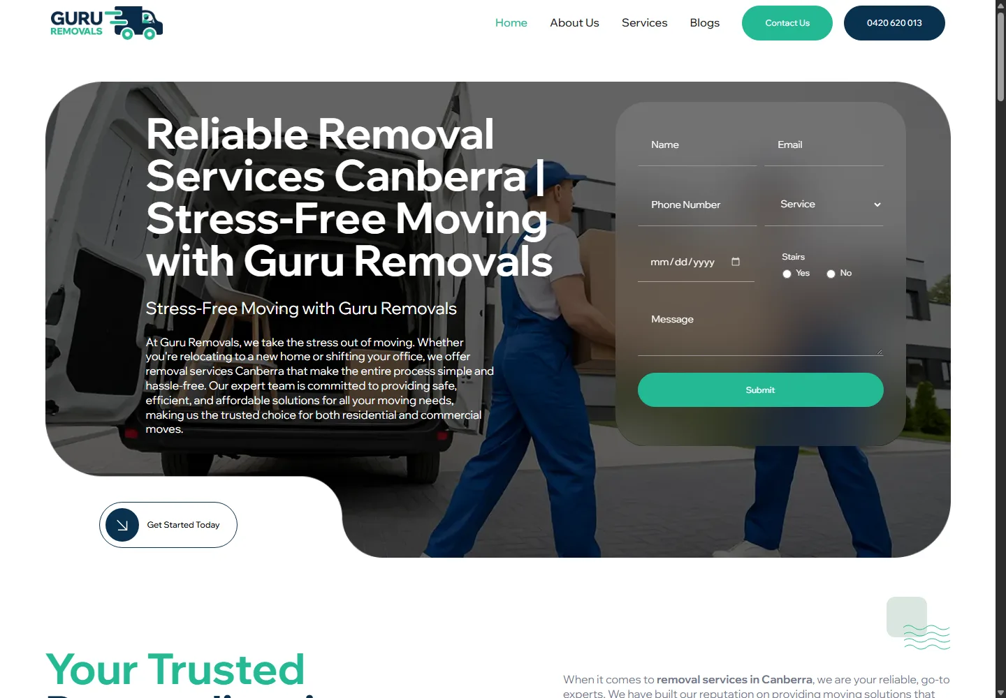 Guru Removals homepage at a desktop viewport