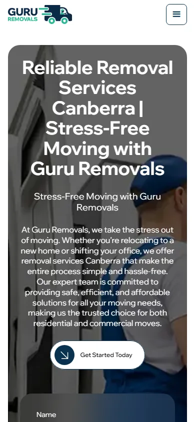 Guru Removals homepage at a mobile viewport