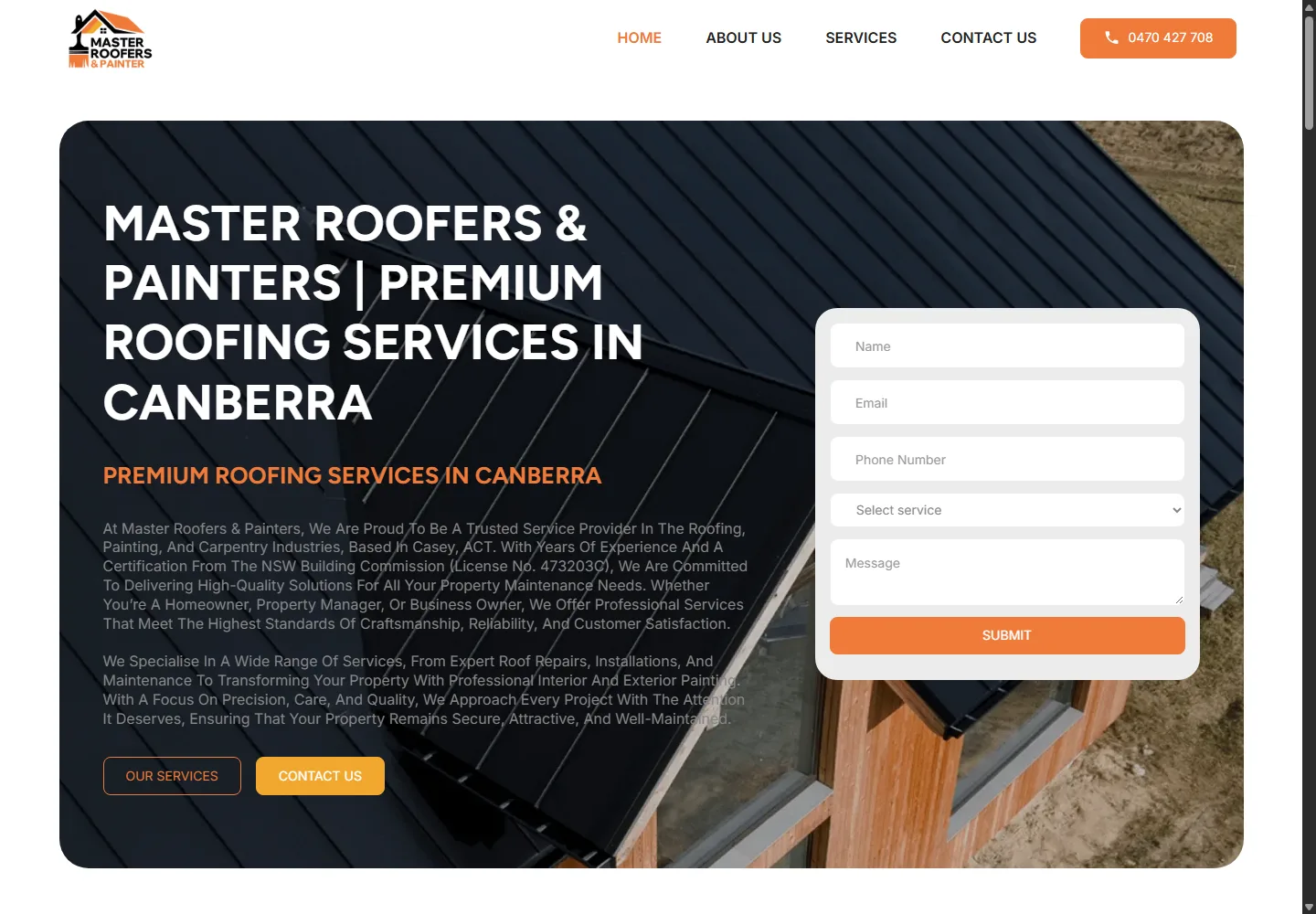 Master Roofers & Painters homepage at a desktop viewport