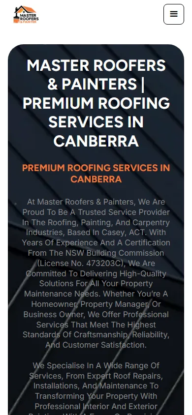 Master Roofers & Painters homepage at a mobile viewport