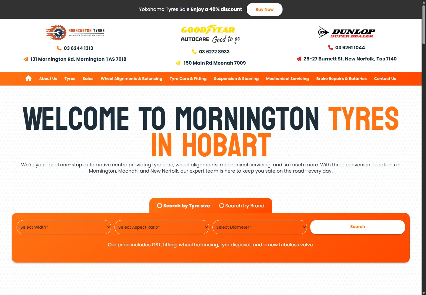 Mornington Tyres homepage at a desktop viewport