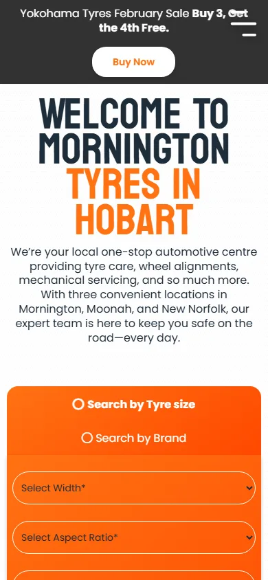 Mornington Tyres homepage at a mobile viewport