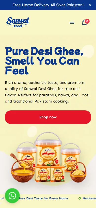 Sanwal Foods homepage at a mobile viewport