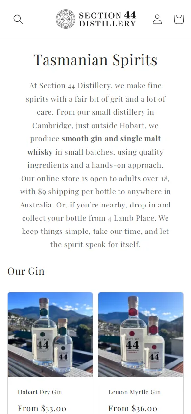 Section 44 Distillery homepage at a mobile viewport