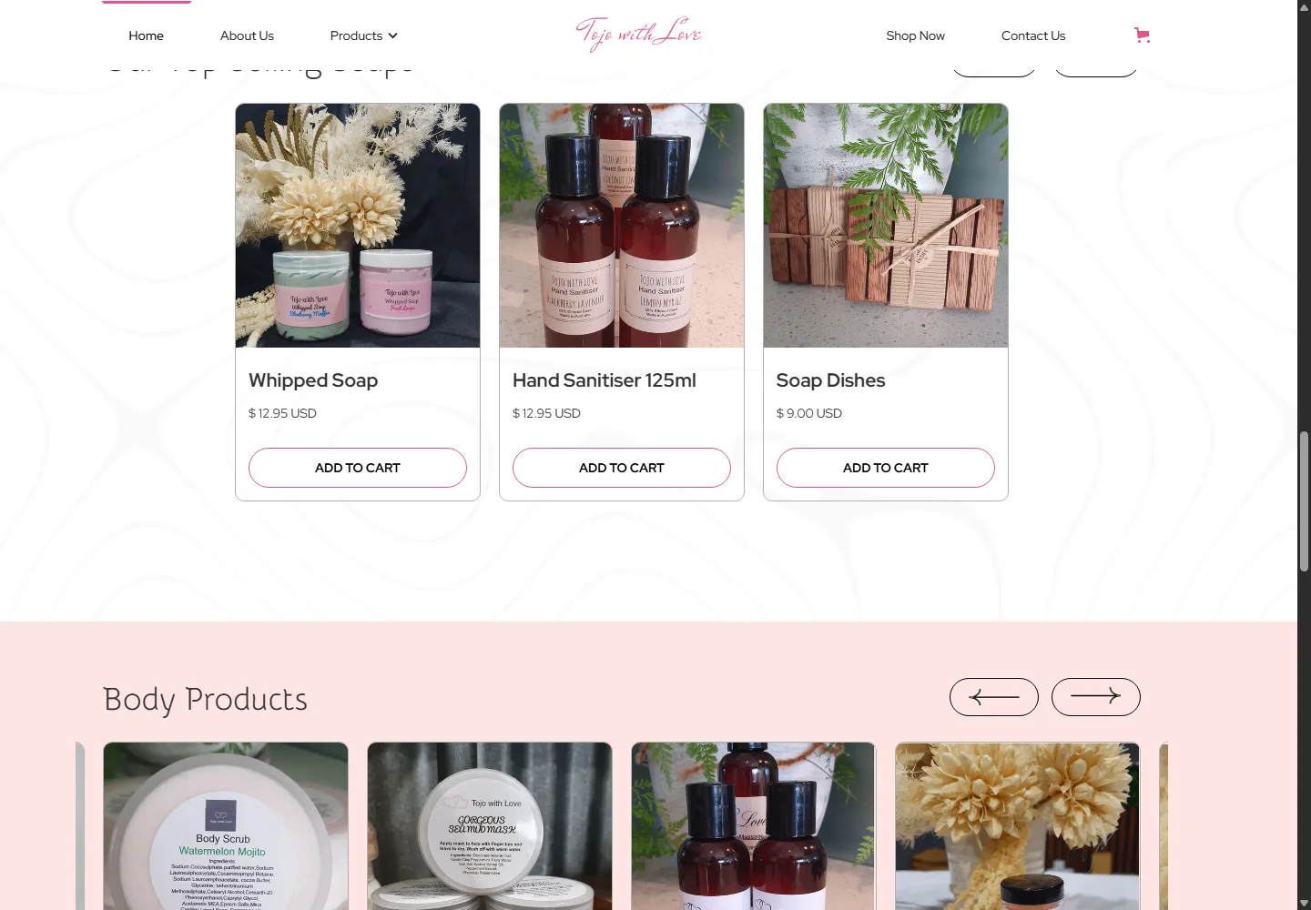 Tojo with Love homepage soap collection at a desktop viewport