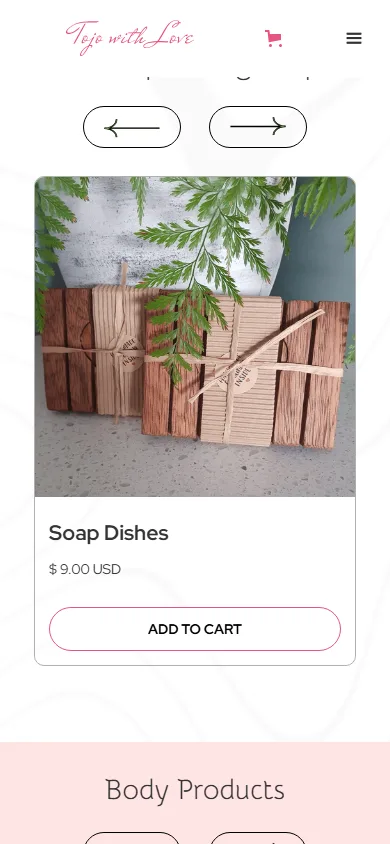 Tojo with Love homepage soap collection at a mobile viewport